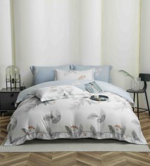 Lenjerie de lux pentru pat dublu,bumbac finet,6 piese,cearceaf cu elastic,alba bleu,flori gri-A1012