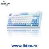 Tastatura mecanica AULA F75, Sea Salt Blue, tri-mode, 75%, hot-swappable, RGB, buton rotativ multimedia, keycaps PBT, baterie 4000mAh, pentru gaming s