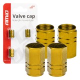 Set 4 capacele auto pentru ventil, din aluminiu, model Hexagon, culoare Galben, Amio