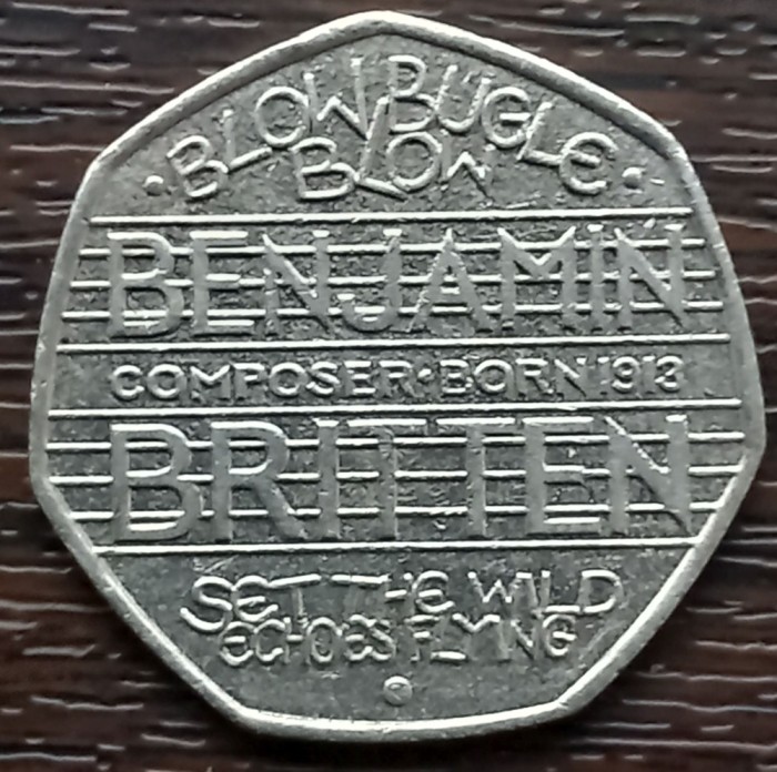(S) MONEDA ANGLIA - 50 PENCE 2013, 100 ANI DE LA NASTEREA LUI BENJAMIN BRITTEN