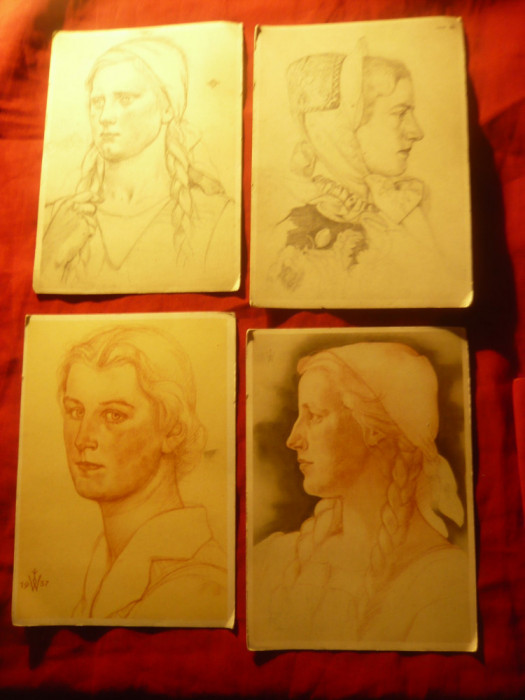 Set 4 Ilustrate de autor , semnate- Coafuri si tipuri femei germane 1937