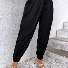 Pantaloni largi, cu talie inalta si snur reglabil, negru, dama, Shein