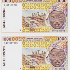 Bancnota Statele Africii de Vest 1.000 Franci 1994 - P211Be UNC ( 2 consecutive)