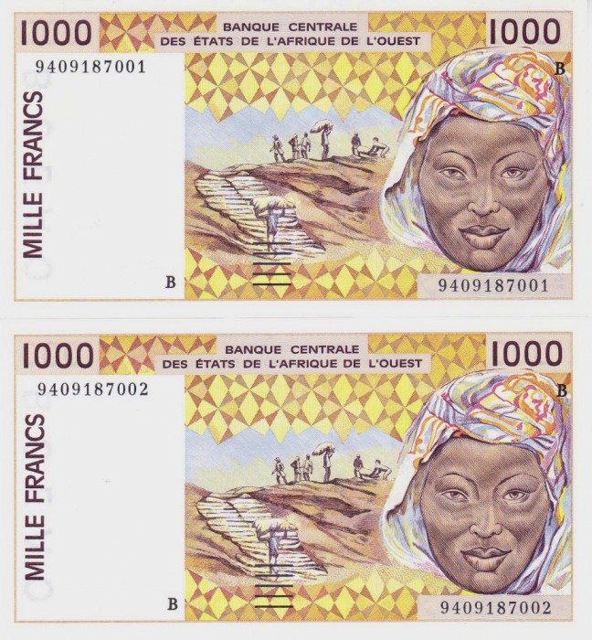 Bancnota Statele Africii de Vest 1.000 Franci 1994 - P211Be UNC ( 2 consecutive)
