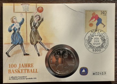 GERMANIA FDC SI MONEDA NIUE - 5 DOLLARS 1991 - 100 ANI BASCHET, STARE UNC foto