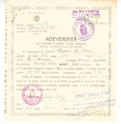 QW13 13 - 1938 - Adeverinta de trecere a patru clase primare foto