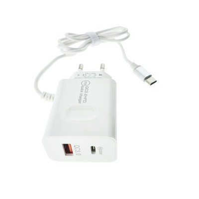 Set incarcator retea cu cablu USB Tip C, QC 3.0, PD, 20W, cu port USB si USB de tip C, P07-W, alb foto