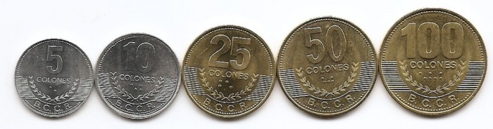 Costa Rica Set 5 - 5, 10, 25, 50, 100 Colones 2007-12 - UNC !!!