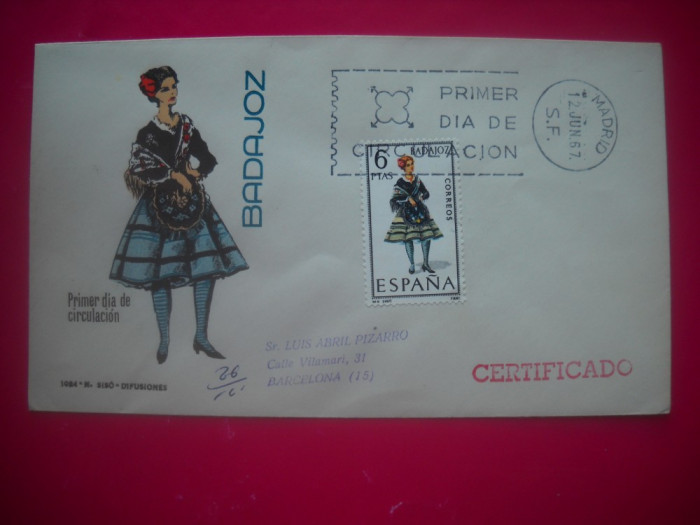 HOPCT PLIC S FDC 864 BADAJOS 1967 SPANIA COSTUME POPULARE/TRADITIONALE