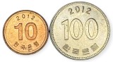 Coreea de Sud , lot 33 - 10 + 100 Won 2012, Asia, Cupru-Nichel