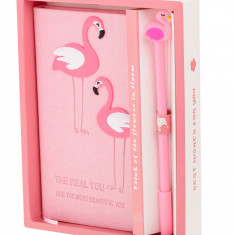 Set Cadou pentru Copii, Caiet cu Flamingo finisat cu piele ecologica + Pix cu Flamingo