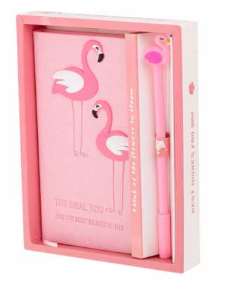 Set Cadou pentru Copii, Caiet cu Flamingo finisat cu piele ecologica + Pix cu Flamingo foto