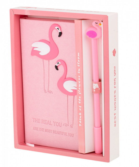 Set Cadou pentru Copii, Caiet cu Flamingo finisat cu piele ecologica + Pix cu Flamingo