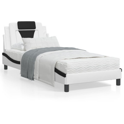 vidaXL Cadru de pat cu lumini LED alb/negru 90x200 cm piele ecologică foto