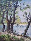 Peisaj cu copaci şi raţe la malul r&acirc;ului, pictură veche (1943) semnată, Peisaje, Ulei, Realism