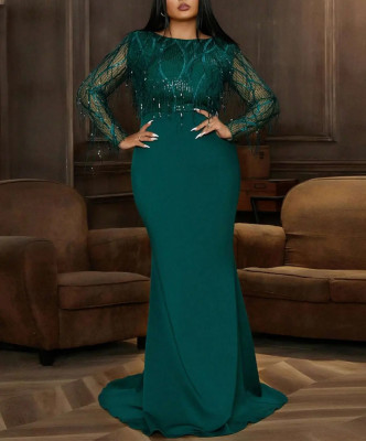 Rochie maxi, eleganta, cu franjuri si maneca lunga tranparenta, verde, dama, Shein foto
