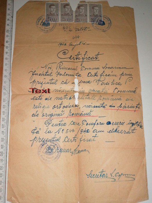 CERTIFICAT DE ORIGINE - COMUNA SOCARICIU 1942