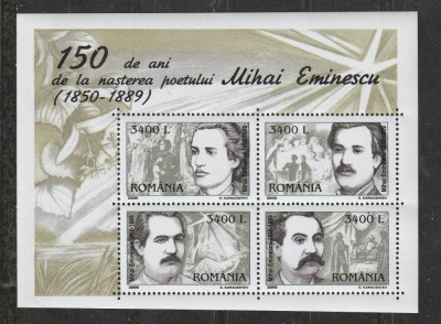 Romania 2000 - #1502A 150 de Ani de la Nasterea lui Mihai Eminescu - M/S 1v MNH foto