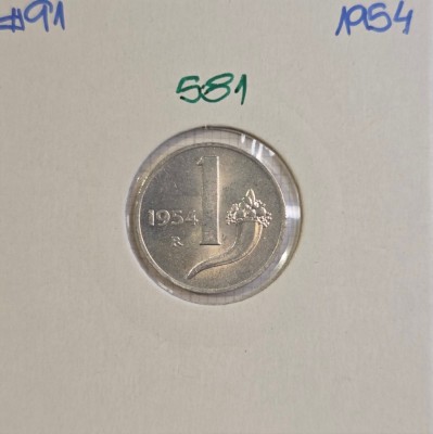 581 Italia Italy 1 Lira 1954, KM#91, excelenta foto