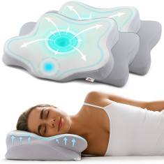 Set de 2 Perne Ortopedice Cervicale pentru dormit Linomag&reg;, Spuma cu Memorie, Husa lavabila, Suport pentru gat, umeri si brate, Alb/Gri deschis, 60 x