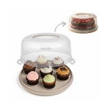 Suport 2 in 1 pentru briose si tort, din plastic, cu capac si maner, diametru 28 cm, bej