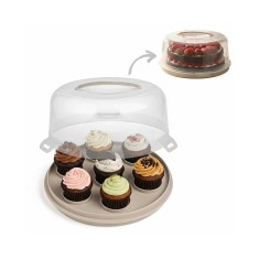 Suport 2 in 1 pentru briose si tort, din plastic, cu capac si maner, diametru 28 cm, bej
