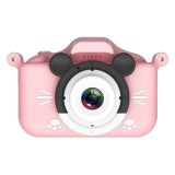 Aparat foto pentru copii, cu husa de protectie din silicon roz, cu bareta de transport, camera selfie, cu jocuri incorporate, roz