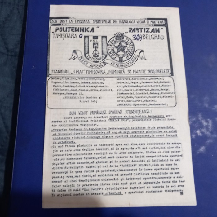 Program POli Timisoara - Partizan Belgrad