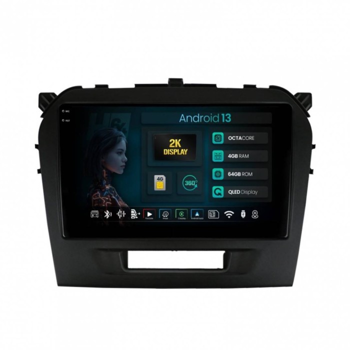 Navigatie 2K Suzuki Vitara (2015+) 4GB RAM Android 13 Octacore Slot Sim 4G DSP GPS Wi-FI Carplay Android Auto USB Bluetooth Waze Touchscreen 9.5 Inch