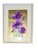 E162. Tablou, Violete pe fond auriu, 2024, acuarela pe hartie, inramat, 42x32 cm, Flori, Art Deco, RavariuArt