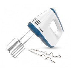 Mixer de mana Heinner, 400 W, 2 teluri si 2 carlige din inox, 6 viteze + turbo, self stand, Alb/Albastru
