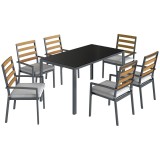Outsunny Set Masă și Scaune de Grădină 7 Piese, Set pentru Pr&acirc;nz &icirc;n Aer Liber cu Masă Dreptunghiulară din Sticlă Securizată, 6 Scaune, Perne, Cadru di