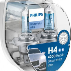 Set 2 becuri Philips H4 WhiteVision Ultra 12V 60/55W + BONUS 2 becuri W5W WhiteVision 12342WVUSM