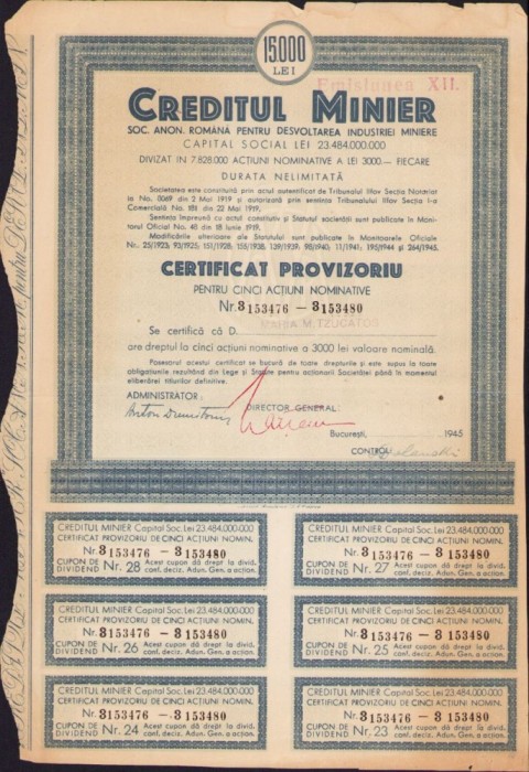 A533 Acțiune Creditul Minier pe numele academicianului Nicolae Dașcovici