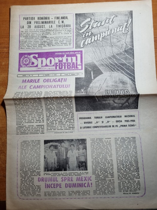 sportul fotbal 2 august 1985-loturile tuturol echipelor din campionat