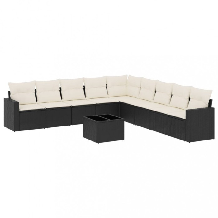 Set canapele de gradina cu perne, 10 piese, negru, poliratan