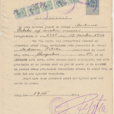 Document fiscal Cluj 1923 cu 5 timbre maghiare f. rare cu supratipar local 2 Lei