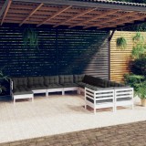 vidaXL Set de șezlonguri de grădină cu perne 11 piese alb lemn de pin 3097056