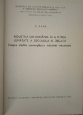 Industria din Romania in a doua jumatate a secolului al XIX-lea/ G Zane