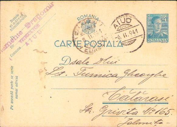 HST CP388 Carte poștală ștampila Clement Dragomir viticultor Aiud olograf 1941