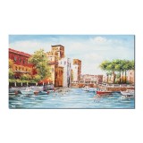 Tablou pictat manual, Peisaj citadin, castel medieval, 100x60cm ulei pe panza in cutit efect 3D, gata de expus pe perete