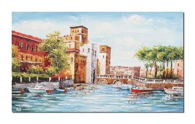 Tablou pictat manual, Peisaj citadin, castel medieval, 100x60cm ulei pe panza in cutit efect 3D, gata de expus pe perete foto