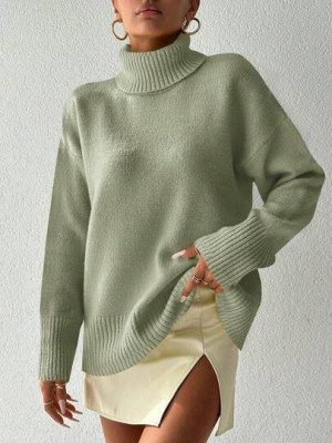 Pulover din tricot, cu guler inalt si maneci lungi, verde, dama, Shein foto