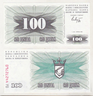 bnk bn Bosnia 100 dinari 1992 unc foto