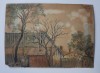 Pictura I.C. Motas, Peisaj cu Case si Pomi, Vaslui 1929, Tehnica Mixta, 31x22.5cm, Semnata