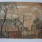 PEISAJ CU CASE SI POMI LA VASLUI , PICTURA de I.C. MOTAS , DATAT 1929