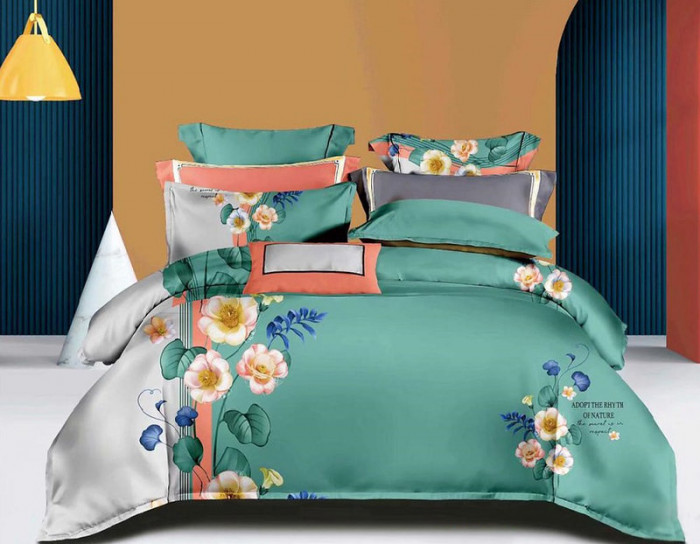Lenjerie de pat pentru o persoana cu husa elastic pat si fata perna patrata, Aija, bumbac mercerizat, multicolor