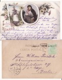 Salutari din Romania-tipuri, port popular -stampila tren- litografie 1898