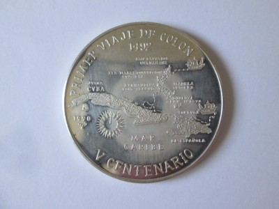 Rară! Cuba 10 Pesos 1990 arg.999:Primul voiaj a lui Cristofor Columb,moneda din imagini,diam=38 mm,gr=20 gr foto