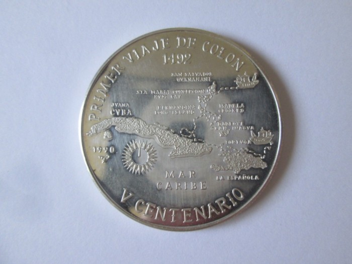 Rară! Cuba 10 Pesos 1990 arg.999:Primul voiaj a lui Cristofor Columb,moneda din imagini,diam=38 mm,gr=20 gr